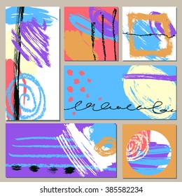 Set of universal cards. Hand Drawn textures.  Design for banner, poster  invitation placard brochure flyer. Vector. Isolated.