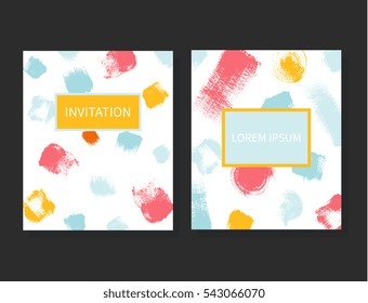 Set of universal cards for invitation, save the date, party, company stationary, flyer with hand drawn textures - dry brush strokes and prints in bright trendy colors.