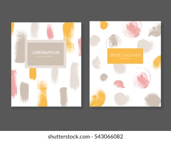 Set of universal cards for invitation, save the date, party, company stationary, flyer with hand drawn textures - dry brush strokes and prints in bright trendy colors.