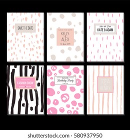 Set of universal cards for invitation, save the date, party, company stationary, flyer with hand drawn textures - dry brush strokes and prints in bright trendy colors.