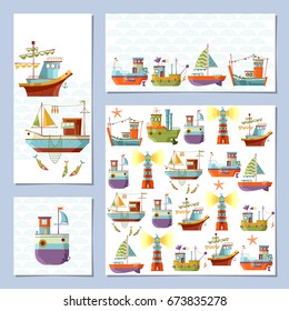 Set of universal cards with multi-colored ships. Birthday, anniversary, children’s party, congratulations. Template. Vector illustration