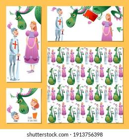 Set of universal cards with princess, knight and dragon. Diada de Sant Jordi (the Saint George’s Day). Template. Vector illustration