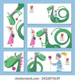 Set of universal cards with princess, knight and dragon. Diada de Sant Jordi (the Saint George’s Day). Template. Vector illustration