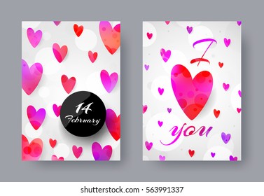 Set of universal cards. Rainbow hearts, white background. Creative artistic design for banner, poster, invitation, placard, brochure, flyer. Valentine's day, party, 14 February, anniversary. A4 size. 
