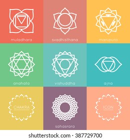 Set of universal chakras icons at flate design with chakras color.