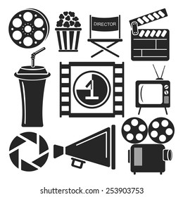 Set of universal cinema and movies web and mobile logo icons isolated on white. Vector symbols of loudspeaker, clapboard, camera, reel, popcorn, frame.