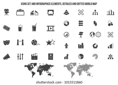 Set of Universal Cinema Related Vector Icon set for web and mobile. Contains such Icons as Movie Theater, TV, Popcorn, Video Clip and more.