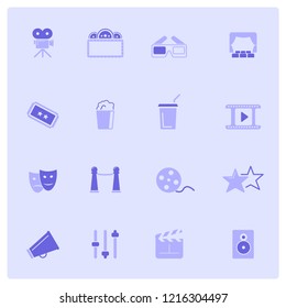 Set of Universal Cinema Related Vector Icon set for web and mobile. Contains such Icons as Movie Theater, TV, Popcorn, Video Clip and more.