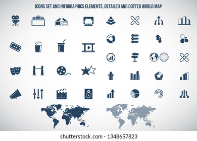 Set of Universal Cinema Related Vector Icon set for web and mobile. Contains such Icons as Movie Theater, TV, Popcorn, Video Clip and more.