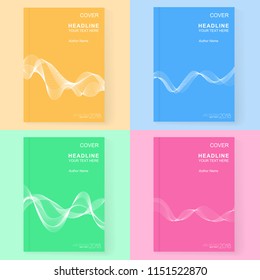 Set of Universal Covers Design Blue, Green, Pink and Yellow with White Wave Line. Templates with Smooth Wavy Horizontal Curved Line for Book, Booklet, Brochure, Pamphlet, Copybook, Notebook, Textbook.