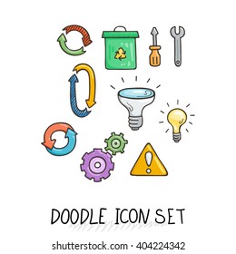 Set of Universal Doodle Icons. Bright Colors and Variety of Topics. Processing, Arrows, Light Bulb.