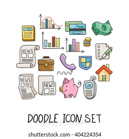Set of Universal Doodle Icons. Bright Colors and Variety of Topics. Protection and Money.