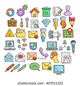 Set of Universal Doodle Icons. Bright Colors and Variety of Topics. Web and Money.