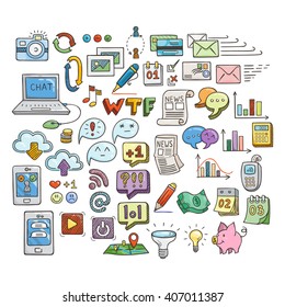 Set of Universal Doodle Icons. Bright Colors and Variety of Topics. Web and Money.