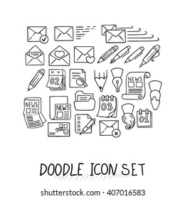 Conjunto de íconos universales de doodle. Variedad de temas. Cartas, Calendarios, Noticias, Correo, Papelería.