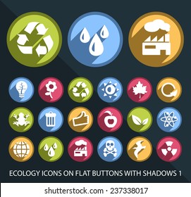 Set of Universal Ecology Icons on Flat Circular Colored Buttons with Shadows 1 on Black Background (isolated elements)