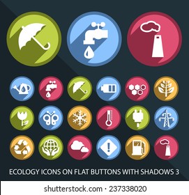 Set of Universal Ecology Icons on Flat Circular Colored Buttons with Shadows 3 on Black Background (isolated elements)