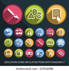 Set of Universal Education Icons on Flat Circular Colored Buttons with Shadows 3 on Black Background (isolated elements)