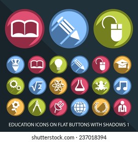 Set of Universal Education Icons on Flat Circular Colored Buttons with Shadows 1 on Black Background (isolated elements)