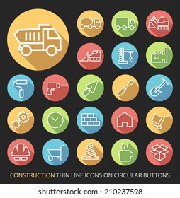Set of Universal Elegant White Construction Minimalistic Thin Line Icons on Circular Colored Buttons on Black Background.