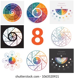 Set universal elements for templates Infographics cyclic conceptual processes 8 positions possible to use for work flow, banner, diagram, web design, time line, area. 