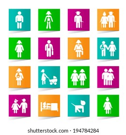 Set of Universal Family Icons on Square Colored Buttons on White Background 2.