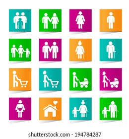 Set of Universal Family Icons on Square Colored Buttons on White Background 1.