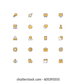 Set of universal flat line icons. Pixel perfect vector icon set for websites and infographics. Yellow color theme