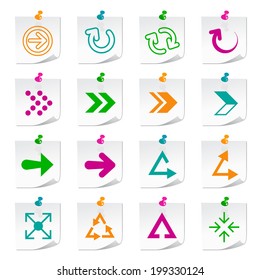 Set of Universal Flat Simple Arrow Icons on Square Colored Notepaper Buttons on White Background 2.