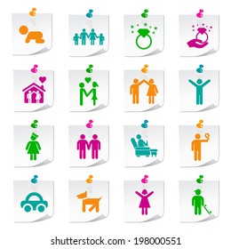 Set of Universal Flat Simple Family Icons on Square Colored Notepaper Buttons 1.