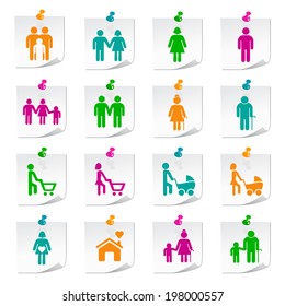 Set of Universal Flat Simple Family Icons on Square Colored Notepaper Buttons 3.