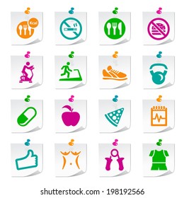 Set of Universal Flat Simple Fitness Icons on Square Colored Notepaper Buttons 2.