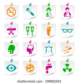 Set of Universal Flat Simple Medical Icons on Square Colored Notepaper Buttons 1.