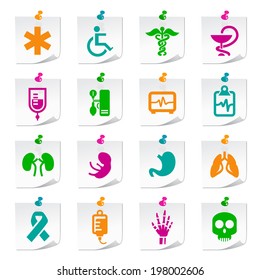 Set of Universal Flat Simple Medical Icons on Square Colored Notepaper Buttons 2.