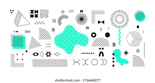 
Set of universal geometric shapes. The combination of halftone elements with a bright turquoise composition isolated on a white background. Elements for web, vintage, advertising, commercial banner.