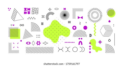 
Set of universal geometric shapes. The combination of halftone elements with a bright lilac composition and light green spots isolated on a white background. Elements for web, vintage, advertising.