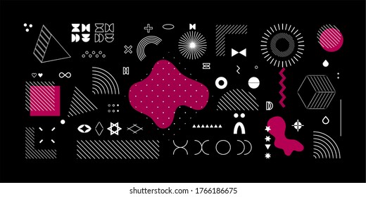 Set of universal geometric shapes. The combination of halftone elements with a bright composition and light spots isolated on a dark background. Elements for web, vintage, advertising.