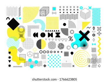 Set of universal geometric shapes. Combination of halftone elements with bright yellow and turquoise composition isolated on a white background. Elements for web, vintage, advertising, banner.