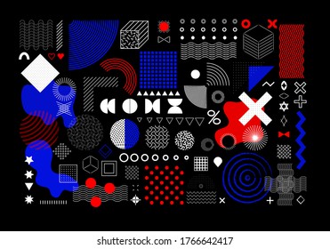 Set of universal geometric shapes. A combination of halftone elements with a bright blue and red composition, isolated on a black background. Elements for web, vintage, advertising, commercial banner.