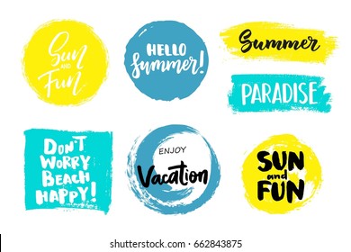 Set of universal grunge paint background and summer quotes and phrases. Dirty artistic design elements, boxes, frames for text. 