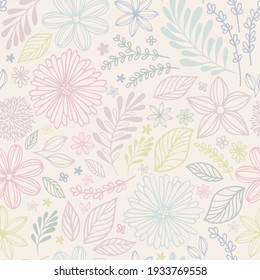 Set of universal hand drawn floral template for cover. Home decor, backgrounds, cards. Childrens abstract and floral design in doodle style. Vector illustration and seamless pattern in warm colors. 