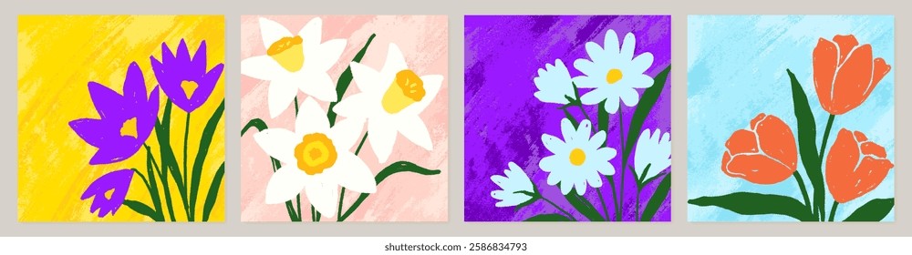 Set of universal hand drawn floral template for cover. Home decor, backgrounds, cards. Children abstract and floral design in doodle style
