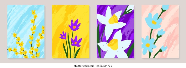 Set of universal hand drawn floral template for cover. Home decor, backgrounds, cards. Children abstract and floral design in doodle style