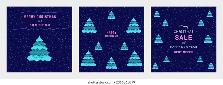 Set universal holiday cards. Template with vector hand drawn Christmas tree. Merry Christmas and Happy New Year  frame with copy space. Christmas sale, Instagram poster, corporate invitation