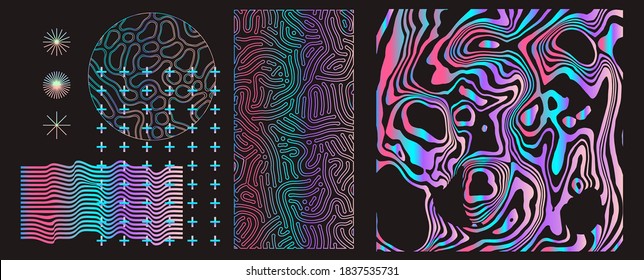 Set of universal holographic geometric elements and icons for futuristic minimal design. Abstract shapes and forms on dark background.