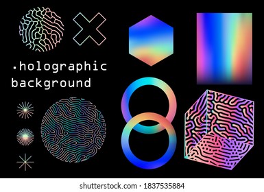 Set of universal holographic geometric elements and icons for futuristic minimal design. Abstract shapes and forms on dark background.