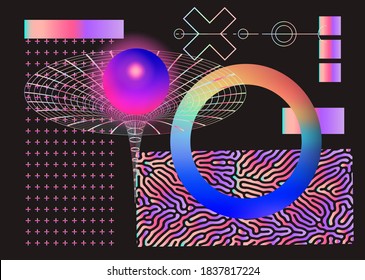 Set of universal holographic geometric elements and icons for futuristic minimal design. Abstract shapes and forms on dark background.