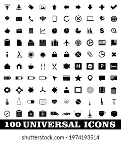 Set of universal icon. Suitable for your projects, business, web, construction, medicine, aviation, auto. 100 High quality black pictograms. 