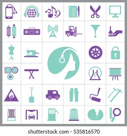 Set of Universal Icons. Contains such Icons as Paint Roller, Music, Radio, Car Wash, Unlock, Wheel, Tractor, Model and more. Editable Vector. Pixel Perfect. 