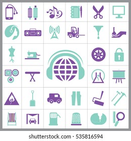 Set of Universal Icons. Contains such Icons as Paint Roller, Music, Radio, Car Wash, Unlock, Wheel, Tractor, Model and more. Editable Vector. Pixel Perfect. 